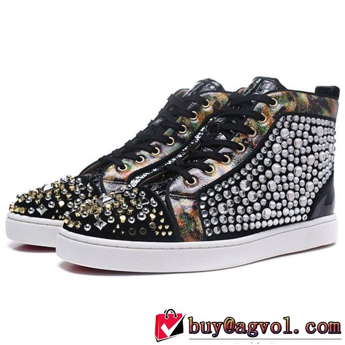 お洒落Christian Louboutinルブタン偽物ブラックのスパイク付きメンズハイカット爆買い最新作シューズスニーカー靴