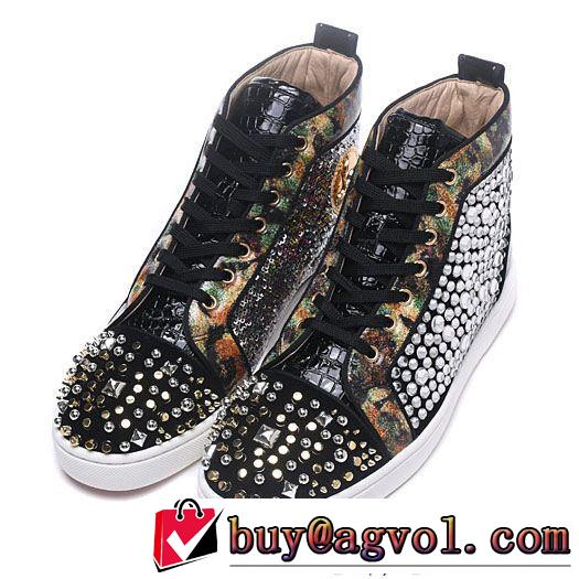 お洒落Christian Louboutinルブタン偽物ブラックのスパイク付きメンズハイカット爆買い最新作シューズスニーカー靴
