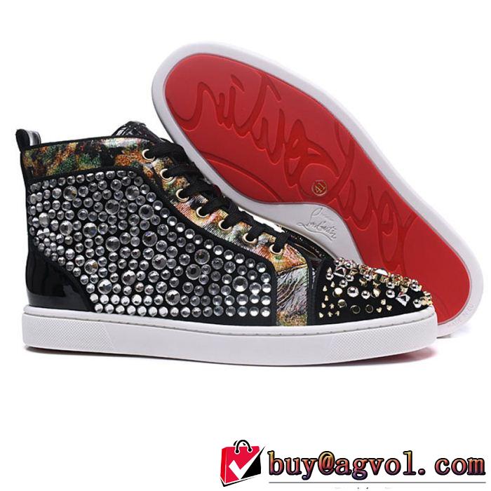 お洒落Christian Louboutinルブタン偽物ブラックのスパイク付きメンズハイカット爆買い最新作シューズスニーカー靴