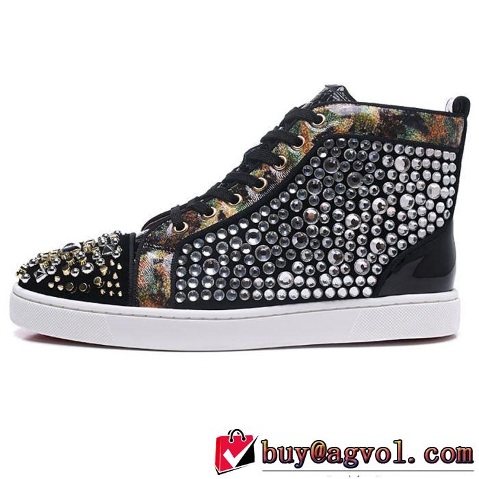 お洒落Christian Louboutinルブタン偽物ブラックのスパイク付きメンズハイカット爆買い最新作シューズスニーカー靴