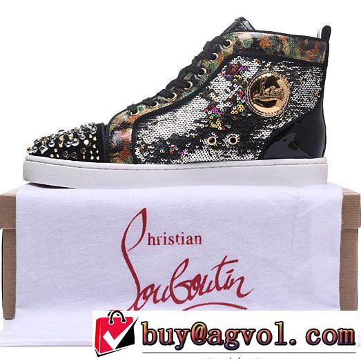 お洒落Christian Louboutinルブタン偽物ブラックのスパイク付きメンズハイカット爆買い最新作シューズスニーカー靴