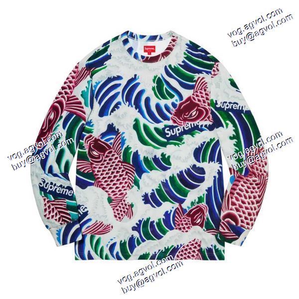 高品質 人気 シュプリーム SUPREME 長袖Tシャツ 2020秋冬 锦鲤浪花男女レジャーゆったり長袖TシャツコイTEE 2色可選