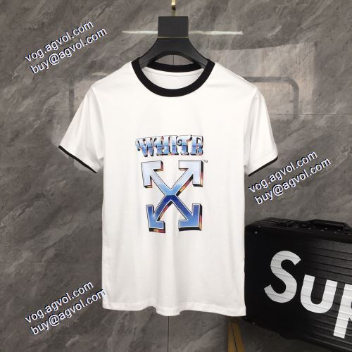 2021春夏 Off-Whiteブランドコピー オフホワイト半袖Tシャツ 胸元にロゴプリントラウンドネックドロップショルダーショートスリーブ 大好評