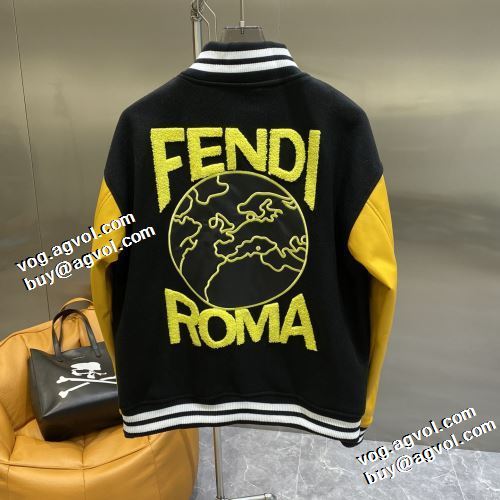 高級感漂わせる フェンディ偽物ブランド 2021秋冬 フェンディ FENDI 海外セレブ愛用 革ジャンパー 野球ウェア 鮮やかな配色 