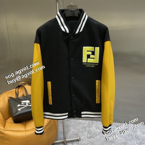 高級感漂わせる フェンディ偽物ブランド 2021秋冬 フェンディ FENDI 海外セレブ愛用 革ジャンパー 野球ウェア 鮮やかな配色 