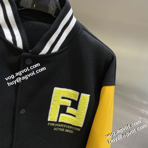 高級感漂わせる フェンディ偽物ブランド 2021秋冬 フェンディ FENDI 海外セレブ愛用 革ジャンパー 野球ウェア 鮮やかな配色 