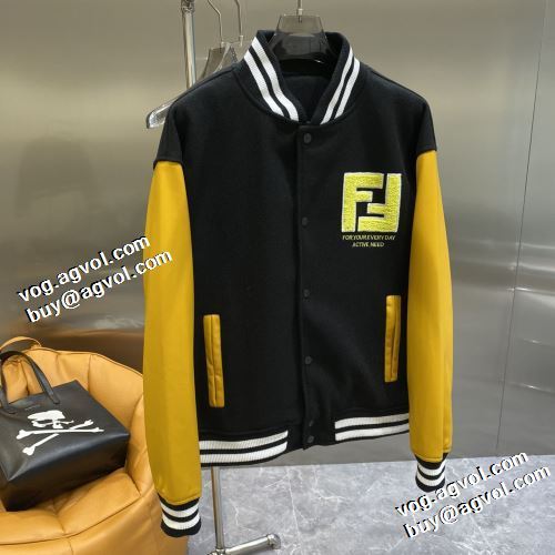 高級感漂わせる フェンディ偽物ブランド 2021秋冬 フェンディ FENDI 海外セレブ愛用 革ジャンパー 野球ウェア 鮮やかな配色 