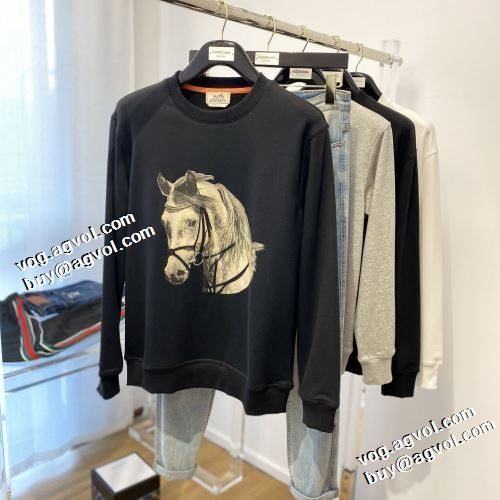 2021秋冬 2色可選 高級感ある プリントパーカ 厚手の生地 リブ付 プルオーバーパーカー エルメス HERMES エルメススーパーコピー