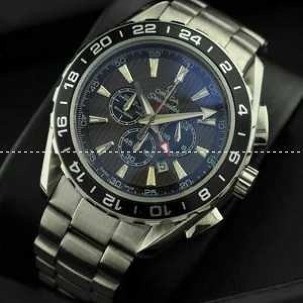 日本製クオーツ 6針クロノグラフ OMEGA オメガ メンズ腕時計 日付表示 月付表示 サファイヤクリスタル風防 シルバー.194.