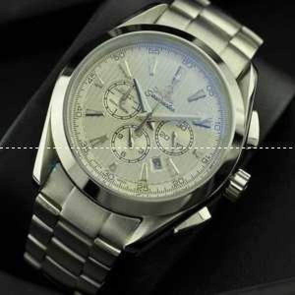 OMEGA オメガ 日本製クオーツ 6針クロノグラフ メンズ腕時計 日付表示 月付表示 サファイヤクリスタル風防 シルバー.194.