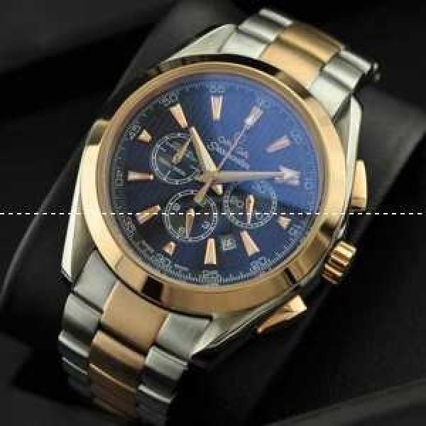OMEGA オメガ 日本製クオーツ 6針クロノグラフ メンズ腕時計 青色文字盤 日付表示 月付表示.194.