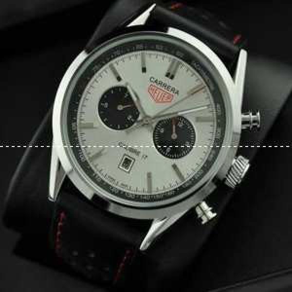 タグホイヤー【TAG HEUER】 メンズ腕時計 自動巻き 5針クロノグラフ 日付表示 月付表示 42.80mm レザー シルバー.208.