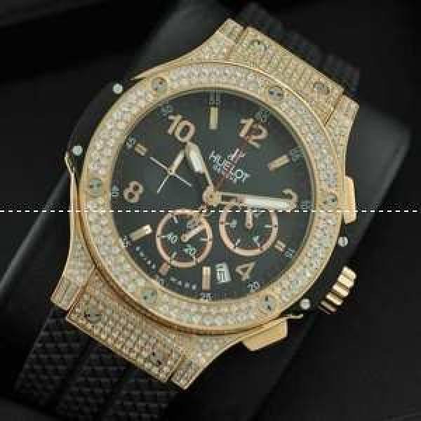 Hublotウブロ メンズ腕時計 日本製クオーツVK 日付表示 ラバー サファイヤクリスタル風防 ダイヤベゼル ゴールド.178.