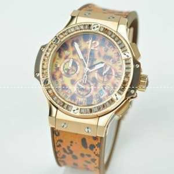 Hublotウブロ 女性用腕時計 日本製クオーツ 6針クロノグラフ 日付表示  ラバー 37.99MM ダイヤベゼル 豹柄.178.
