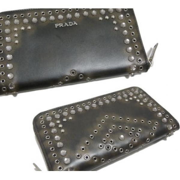プラダPRADAビジュースタッズファスナー長財布1M0506濃茶EBANO.105.