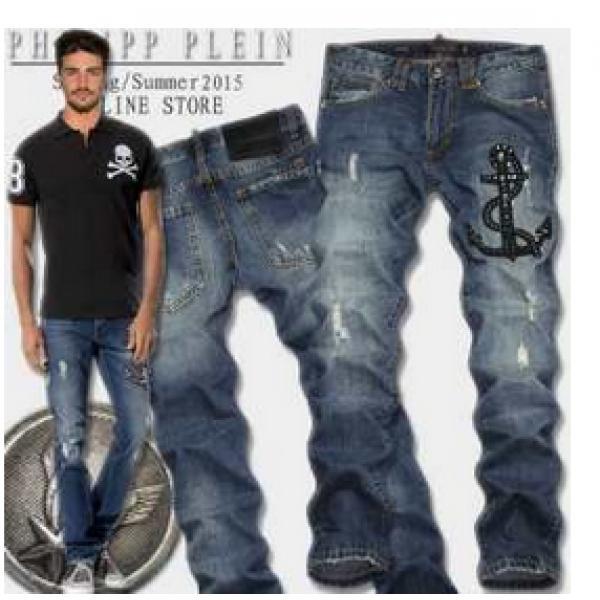 大人気　2025春夏 大人のおしゃれに PHILIPP PLEIN フィリッププレイン ダメージデニム ロゴ入りリベット