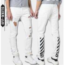 ファッション オフホワイトデニムパンツ OFF-WHITE メンズプリントディテールデニムジーンズスリムパンツ