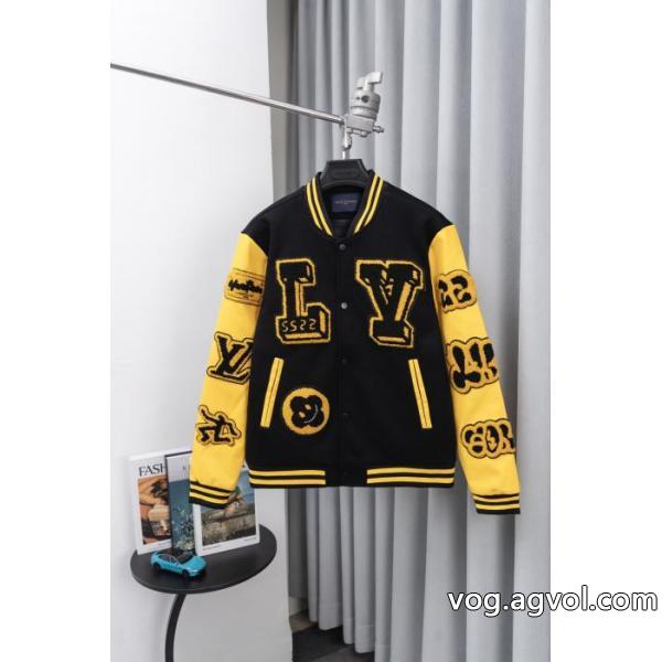 Louis Vuitton古花パッチワークレザースリーブタオル刺繍野球ウェアウールジャケット