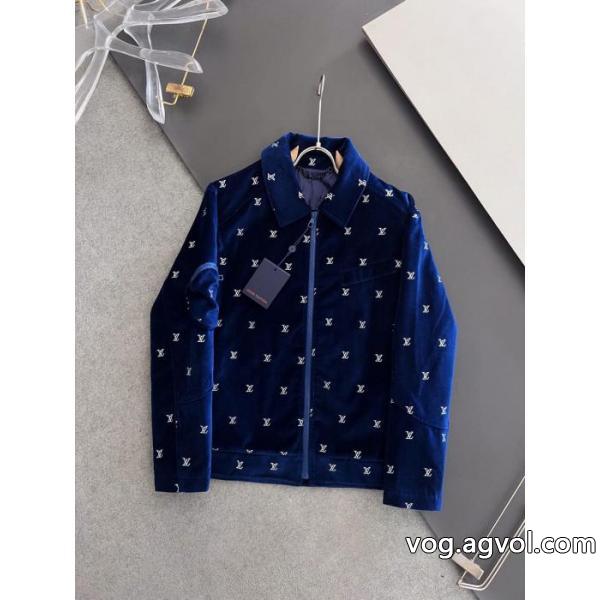 LOUIS VUITTON全幅パーマシルバーアルファベット刺繍柄紺色ベルベットジッパー薄手コットンジャケット