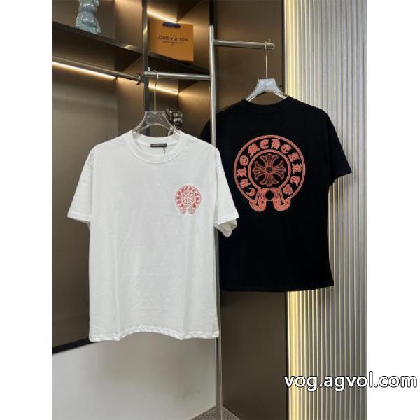 Chrome Hearts新作前後オレンジの馬蹄模様アルファベットの刺繍カップルカジュアル半袖Tシャツ