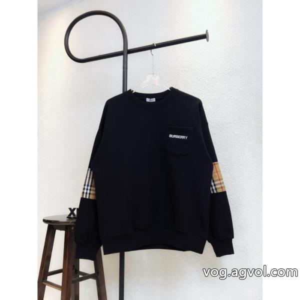BURBERRY胸ポケットアルファベット刺繍腕チェックステッチクルーネックパーカー