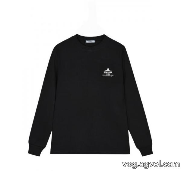 PRADA前後定番ジャカード高密度刺繍カバーヘッド丸首長袖Tシャツ