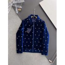 LOUIS VUITTON全幅パーマシルバーアルファベット刺繍柄紺色ベルベットジッパー薄手コットンジャケット