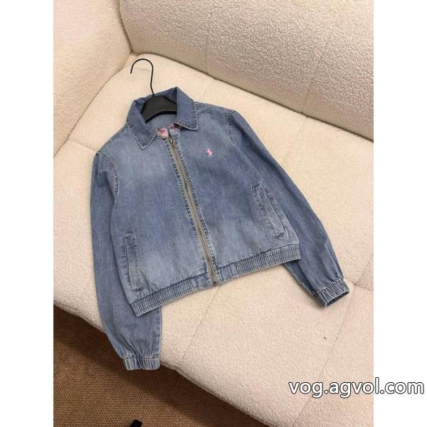 Ralph Laurenピンクポニー刺繍パッチワーク開襟ジッパーデニムコート