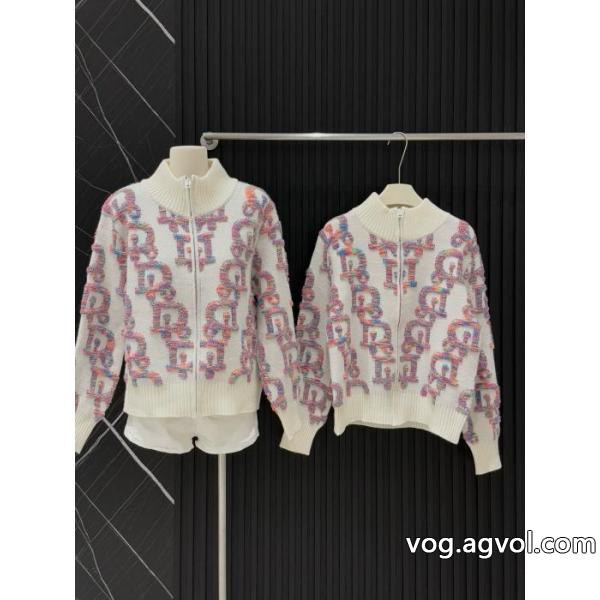 Diorネオンカラーグラデーションアルファベットジャカードファスナースタンドネックニットカーディガンコート