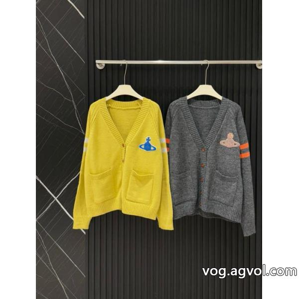 Vivienne Westwoodサターンタオル刺繍布当て色棒ポケットVネック長袖パイルニットカーディガン