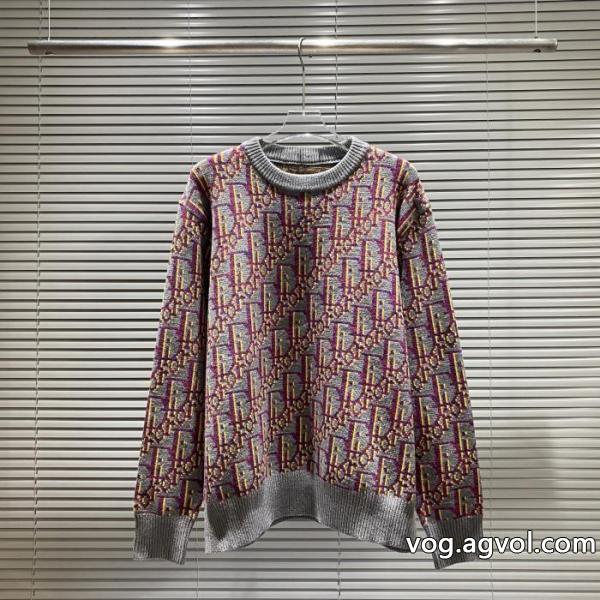 diorニューグレーパープル全身カラーロゴジャカードラウンドネックセーター