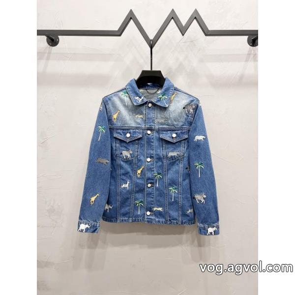 LOUIS VUITTONアニマル柄刺繍シングルバックル開襟ゆったりデニムコート
