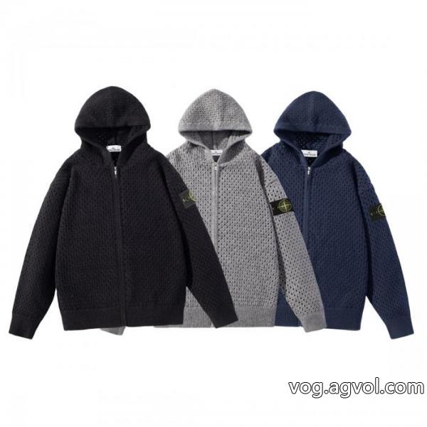 STONE ISLANDエンブレム透かし連帽ジッパーニットカーディガンコート