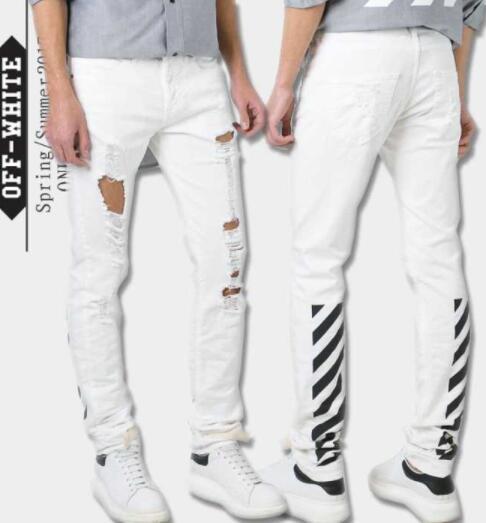 ファッション オフホワイトデニムパンツ OFF-WHITE メンズプリントディテールデニムジーンズスリムパンツ