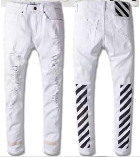 ファッション オフホワイトデニムパンツ OFF-WHITE メンズプリントディテールデニムジーンズスリムパンツ