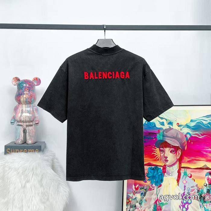 パリbalenciaga前後の定番アルファベット刺繍水洗炒雪片を旧半袖にしました_0_0