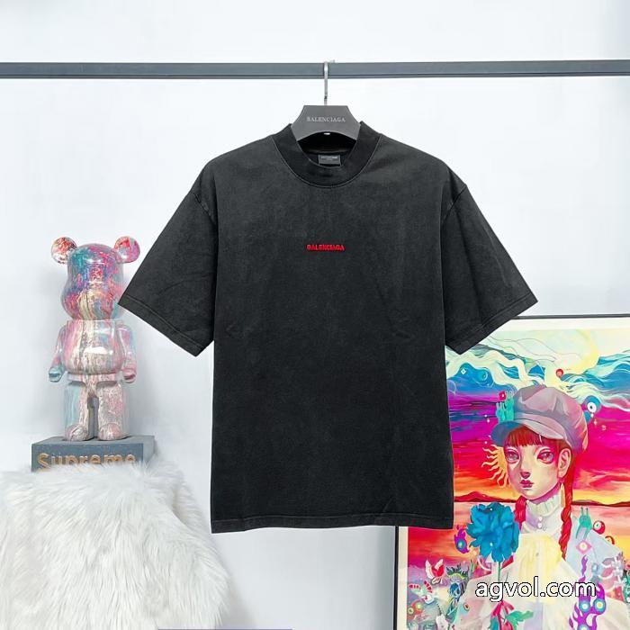 パリbalenciaga前後の定番アルファベット刺繍水洗炒雪片を旧半袖にしました_0_1