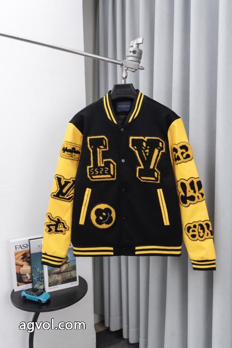 Louis Vuitton古花パッチワークレザースリーブタオル刺繍野球ウェアウールジャケット_0_0