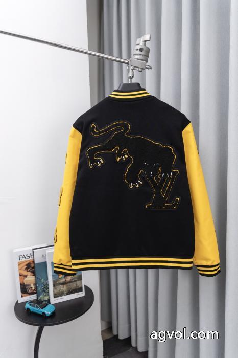 Louis Vuitton古花パッチワークレザースリーブタオル刺繍野球ウェアウールジャケット_0_2