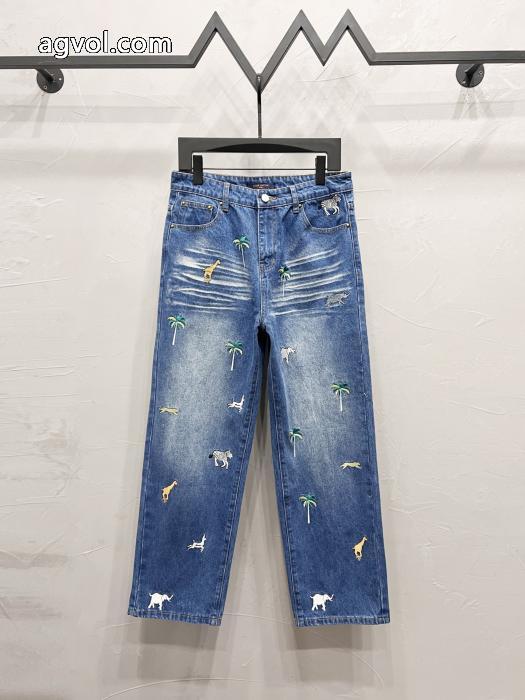 LOUIS VUITTON動物風景ロゴ柄刺繍ストレートジーンズ_0_2