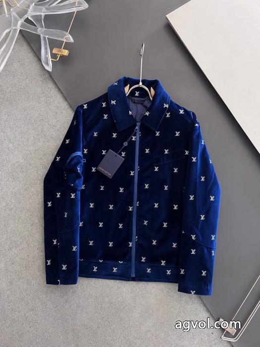 LOUIS VUITTON全幅パーマシルバーアルファベット刺繍柄紺色ベルベットジッパー薄手コットンジャケット_0_0