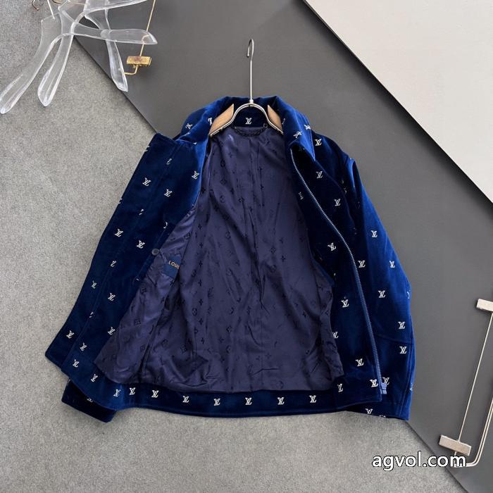 LOUIS VUITTON全幅パーマシルバーアルファベット刺繍柄紺色ベルベットジッパー薄手コットンジャケット_0_2