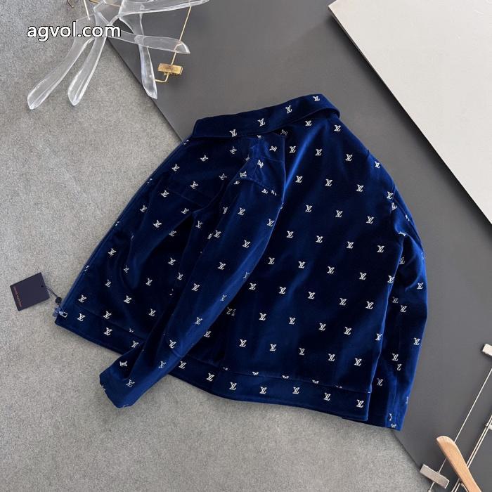LOUIS VUITTON全幅パーマシルバーアルファベット刺繍柄紺色ベルベットジッパー薄手コットンジャケット_0_3