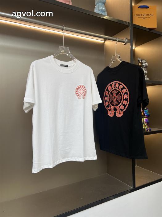 Chrome Hearts新作前後オレンジの馬蹄模様アルファベットの刺繍カップルカジュアル半袖Tシャツ_0_2