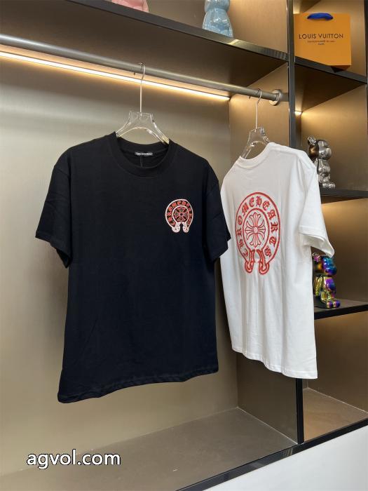 Chrome Hearts新作前後オレンジの馬蹄模様アルファベットの刺繍カップルカジュアル半袖Tシャツ_0_3