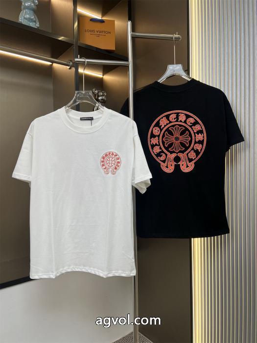 Chrome Hearts新作前後オレンジの馬蹄模様アルファベットの刺繍カップルカジュアル半袖Tシャツ_0_4