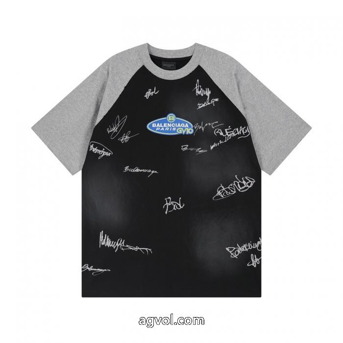 balenciagaラグランスリーブ色分けサインプリント刺繍LOGO洗水旧手描き落書き新型半袖Tシャツ_0_1