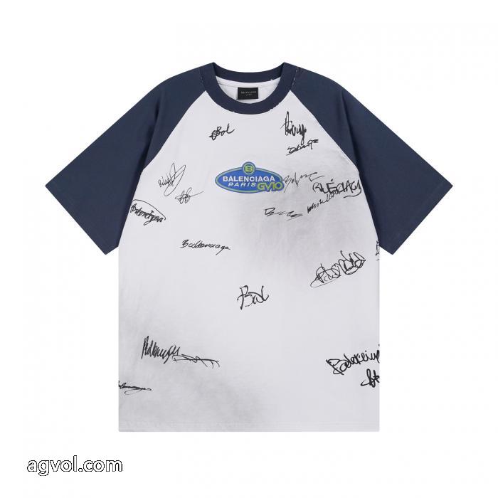 balenciagaラグランスリーブ色分けサインプリント刺繍LOGO洗水旧手描き落書き新型半袖Tシャツ_0_3