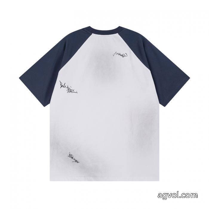 balenciagaラグランスリーブ色分けサインプリント刺繍LOGO洗水旧手描き落書き新型半袖Tシャツ_0_4