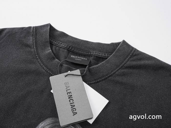 Balenciaga前後片直噴プリントドリル洗い水で古い半袖Tシャツを作る_0_2
